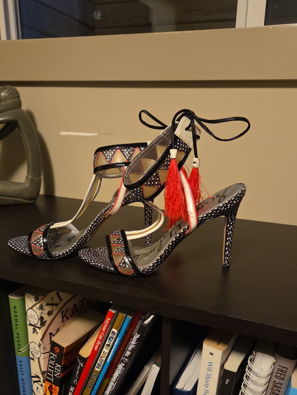 Sam Edelman Black Patterned High Heel Sandals with Pink Tassels At Ankle